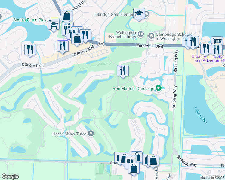 map of restaurants, bars, coffee shops, grocery stores, and more near 2379 Windsor Way Court in Wellington