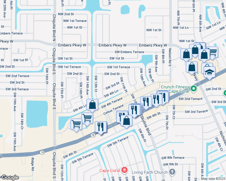 map of restaurants, bars, coffee shops, grocery stores, and more near 1139 Southwest 4th Lane in Cape Coral