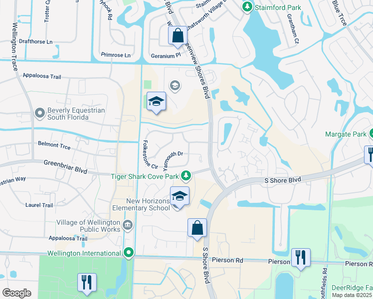 map of restaurants, bars, coffee shops, grocery stores, and more near 13717 Yarmouth Drive in Wellington