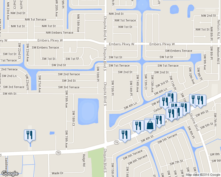 map of restaurants, bars, coffee shops, grocery stores, and more near 300 Southwest 15th Place in Cape Coral