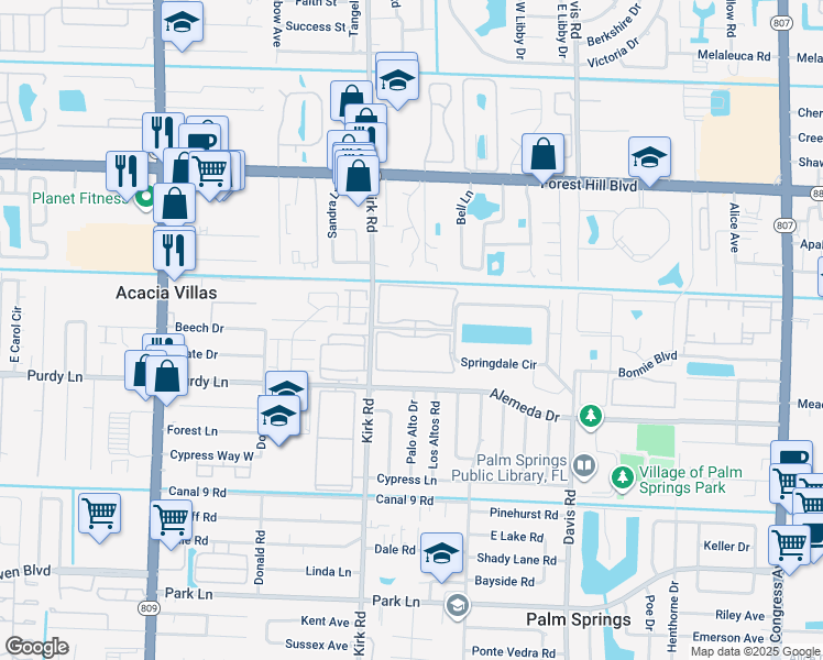 map of restaurants, bars, coffee shops, grocery stores, and more near 2050 Springdale Boulevard in Palm Springs