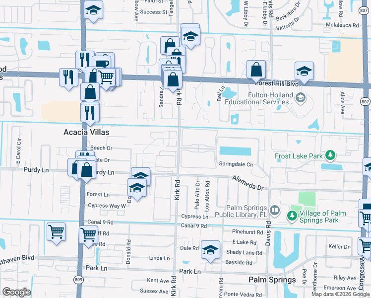 map of restaurants, bars, coffee shops, grocery stores, and more near 2050 Springdale Boulevard in Palm Springs