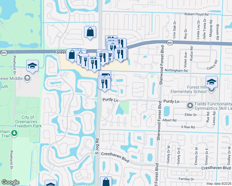 map of restaurants, bars, coffee shops, grocery stores, and more near 2237 White Pine Circle in Greenacres