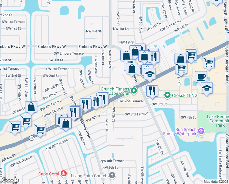 map of restaurants, bars, coffee shops, grocery stores, and more near 625 SW Pine Island Rd in Cape Coral