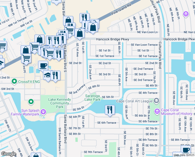 map of restaurants, bars, coffee shops, grocery stores, and more near 217 Southeast 3rd Terrace in Cape Coral