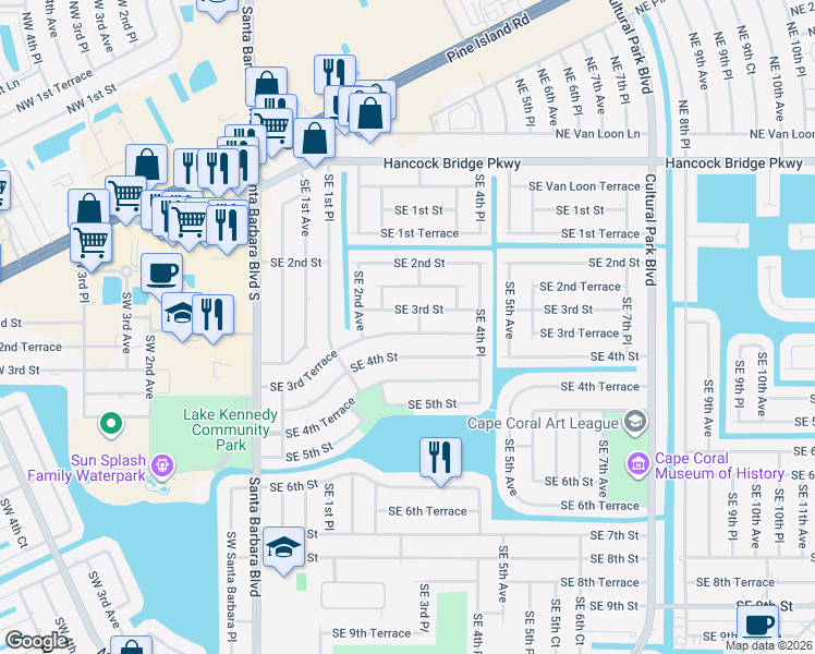 map of restaurants, bars, coffee shops, grocery stores, and more near 217 Southeast 3rd Terrace in Cape Coral