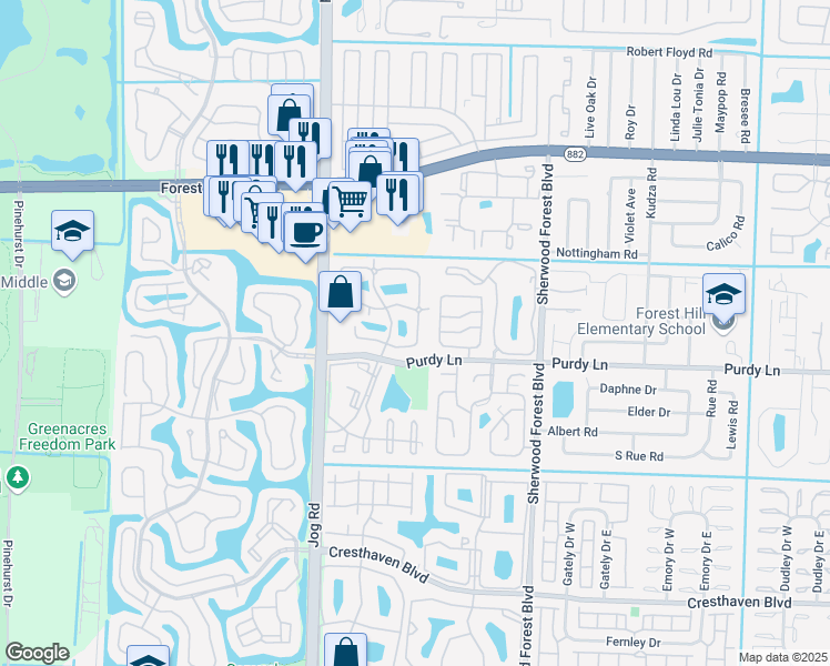 map of restaurants, bars, coffee shops, grocery stores, and more near 60c White Pine Circle in Greenacres