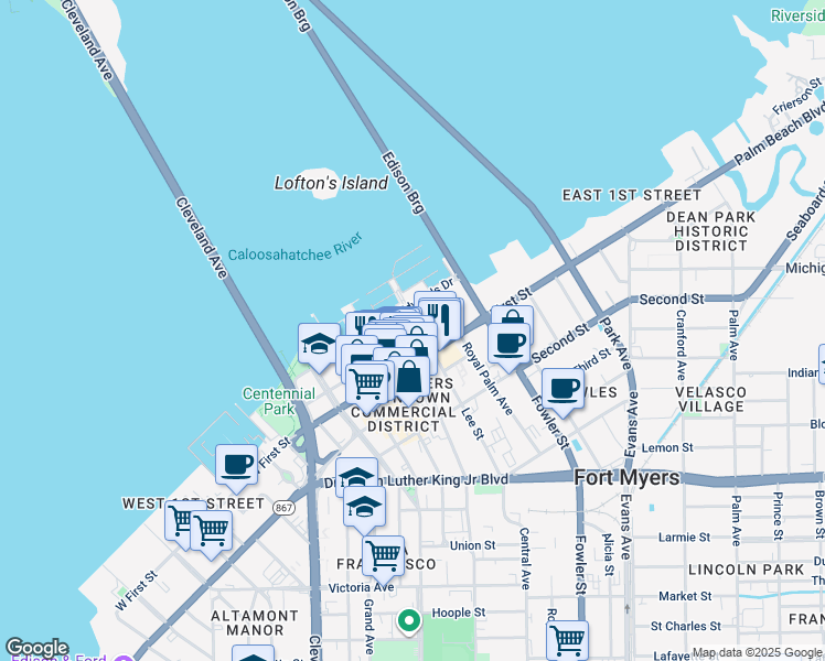 map of restaurants, bars, coffee shops, grocery stores, and more near 1375 Jackson Street in Fort Myers