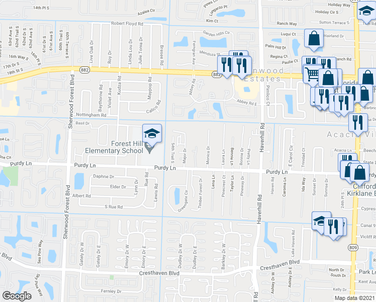 map of restaurants, bars, coffee shops, grocery stores, and more near 2128 Major Drive in West Palm Beach