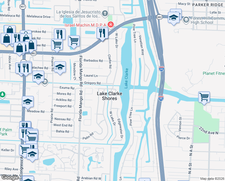 map of restaurants, bars, coffee shops, grocery stores, and more near 7512 West Lake Drive in West Palm Beach