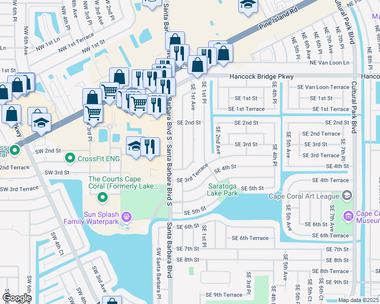 map of restaurants, bars, coffee shops, grocery stores, and more near 238 Southeast 1st Avenue in Cape Coral