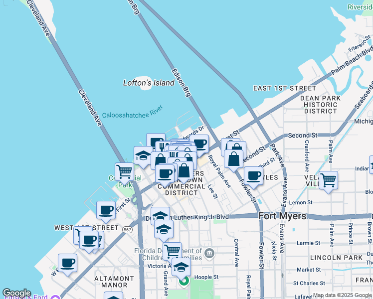 map of restaurants, bars, coffee shops, grocery stores, and more near 1375 Jackson Street in Fort Myers