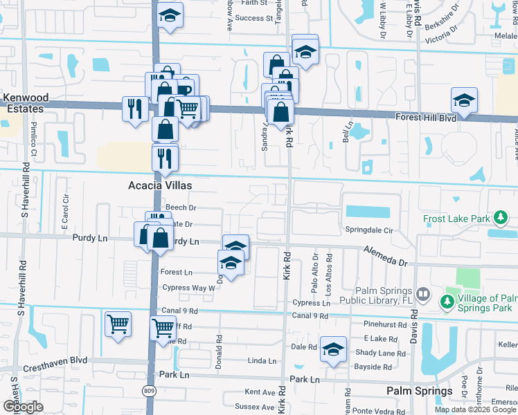map of restaurants, bars, coffee shops, grocery stores, and more near 171 Woodland Road in Palm Springs