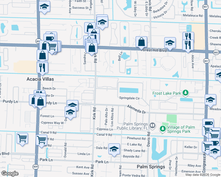 map of restaurants, bars, coffee shops, grocery stores, and more near 2000 Springdale Boulevard in Palm Springs