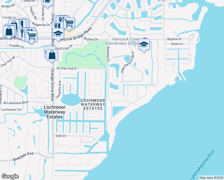 map of restaurants, bars, coffee shops, grocery stores, and more near 12601 Blue Banyon Court in North Fort Myers