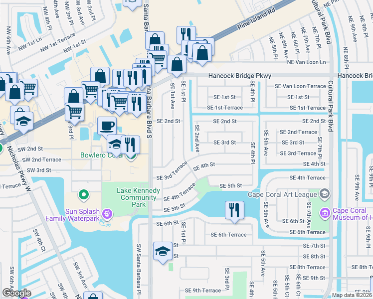 map of restaurants, bars, coffee shops, grocery stores, and more near 310 Southeast 2nd Avenue in Cape Coral