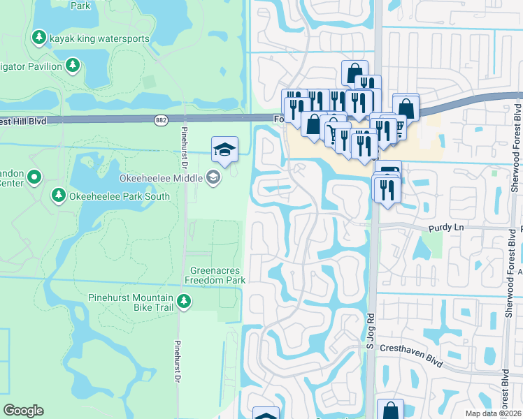 map of restaurants, bars, coffee shops, grocery stores, and more near 2245 Soundings Court in Greenacres