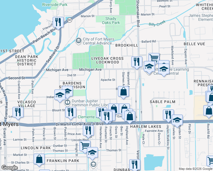 map of restaurants, bars, coffee shops, grocery stores, and more near 1765 Henderson Avenue in Fort Myers