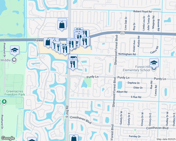 map of restaurants, bars, coffee shops, grocery stores, and more near 60c White Pine Circle in Greenacres