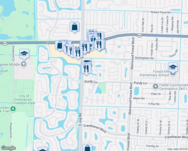 map of restaurants, bars, coffee shops, grocery stores, and more near 2237 White Pine Circle in Greenacres