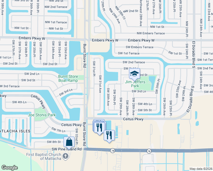 map of restaurants, bars, coffee shops, grocery stores, and more near 324 Southwest 30th Avenue in Cape Coral
