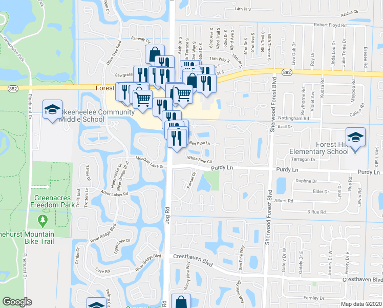 map of restaurants, bars, coffee shops, grocery stores, and more near 2241 White Pine Circle in Greenacres