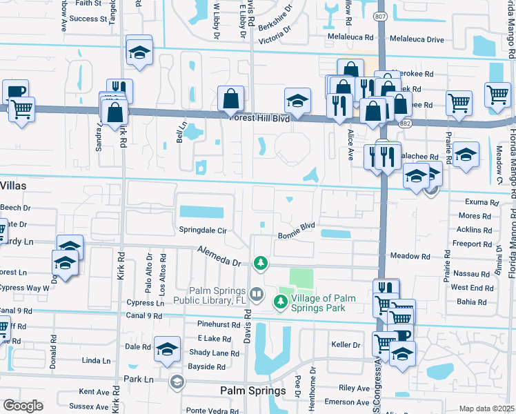 map of restaurants, bars, coffee shops, grocery stores, and more near 506 Davis Road in Palm Springs