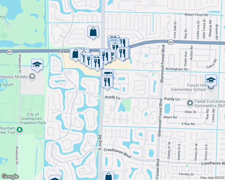 map of restaurants, bars, coffee shops, grocery stores, and more near 2237 White Pine Circle in Greenacres