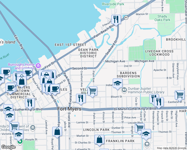 map of restaurants, bars, coffee shops, grocery stores, and more near 2798 Guava Street in Fort Myers