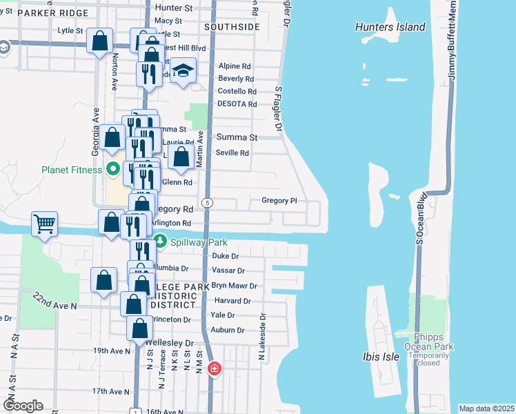 map of restaurants, bars, coffee shops, grocery stores, and more near 155 Gregory Road in West Palm Beach
