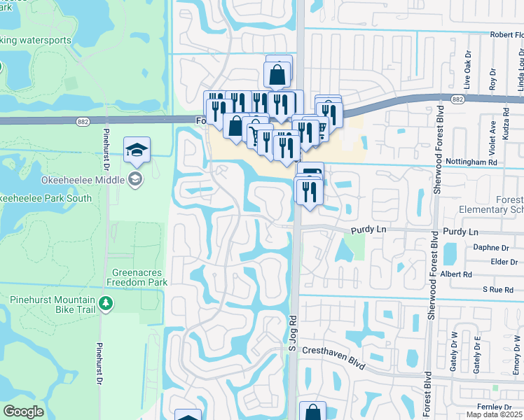map of restaurants, bars, coffee shops, grocery stores, and more near 1055 Island Manor Drive in Greenacres