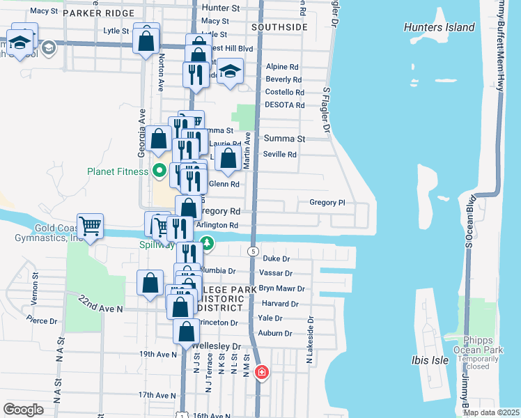 map of restaurants, bars, coffee shops, grocery stores, and more near 249 Gregory Road in West Palm Beach