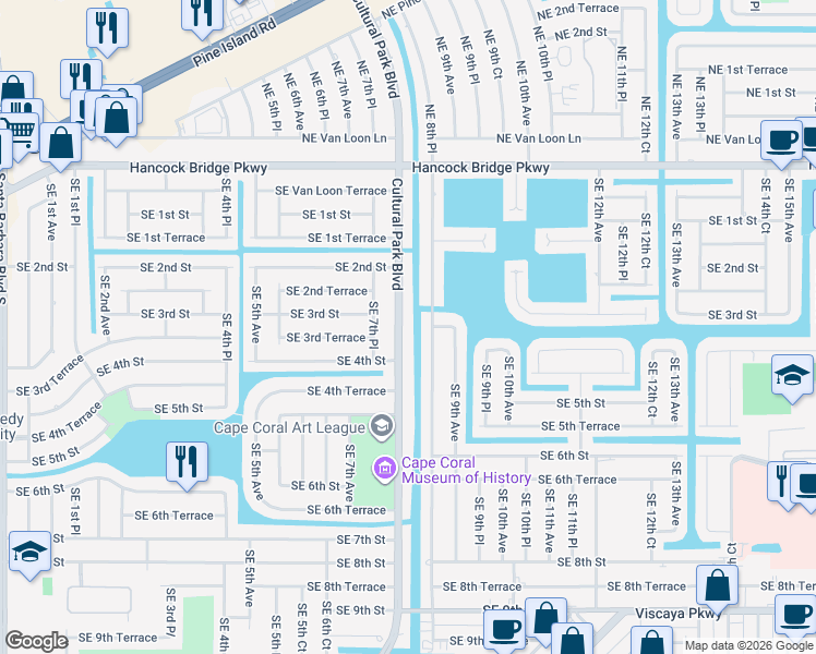 map of restaurants, bars, coffee shops, grocery stores, and more near 309 Cultural Park Boulevard in Cape Coral