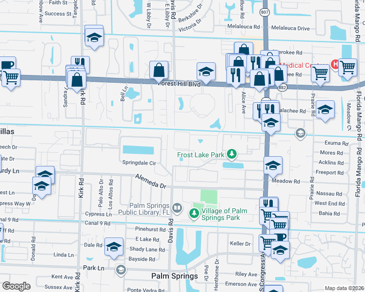 map of restaurants, bars, coffee shops, grocery stores, and more near 506 Davis Road in Palm Springs
