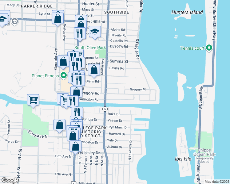 map of restaurants, bars, coffee shops, grocery stores, and more near 209 Gregory Road in West Palm Beach