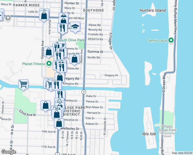 map of restaurants, bars, coffee shops, grocery stores, and more near 205 Gregory Road in West Palm Beach