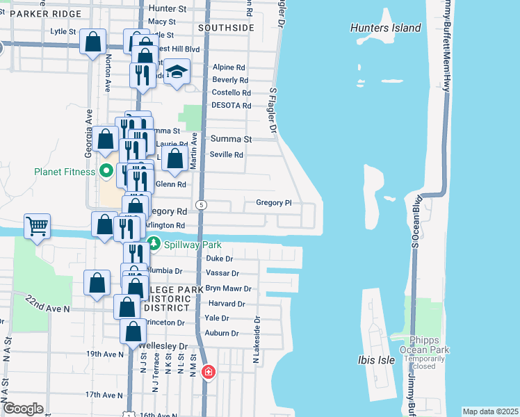 map of restaurants, bars, coffee shops, grocery stores, and more near 155 Gregory Road in West Palm Beach