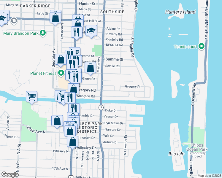 map of restaurants, bars, coffee shops, grocery stores, and more near 209 Gregory Road in West Palm Beach