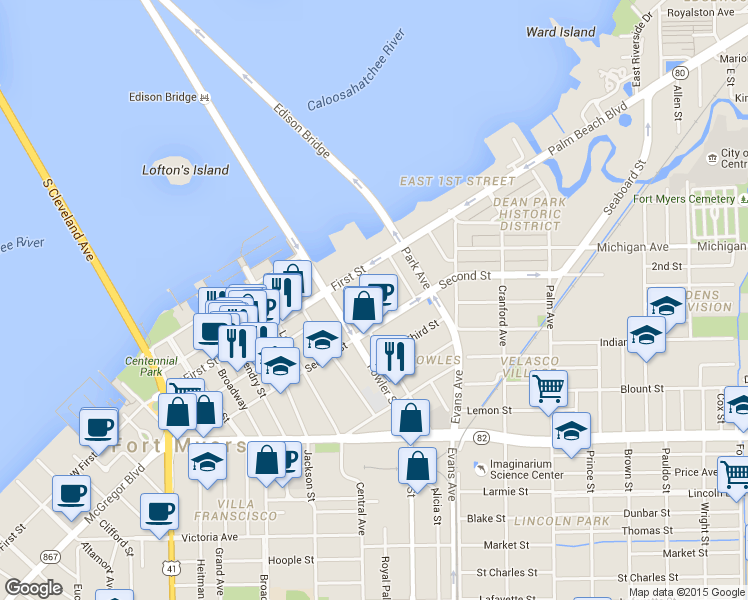 map of restaurants, bars, coffee shops, grocery stores, and more near 1616 Woodford Avenue in Fort Myers