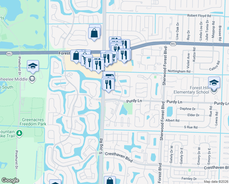 map of restaurants, bars, coffee shops, grocery stores, and more near 2245 White Pine Circle in Greenacres