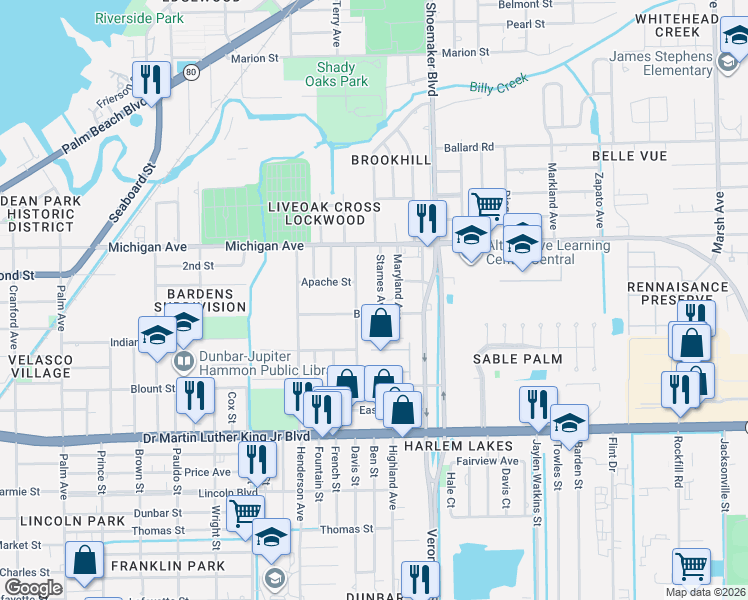 map of restaurants, bars, coffee shops, grocery stores, and more near 1720 Starnes Avenue in Fort Myers