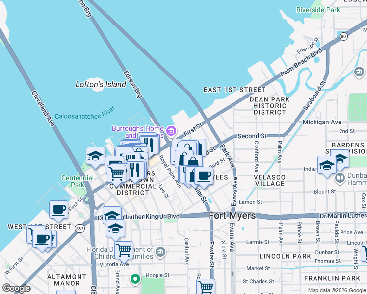 map of restaurants, bars, coffee shops, grocery stores, and more near in Fort Myers