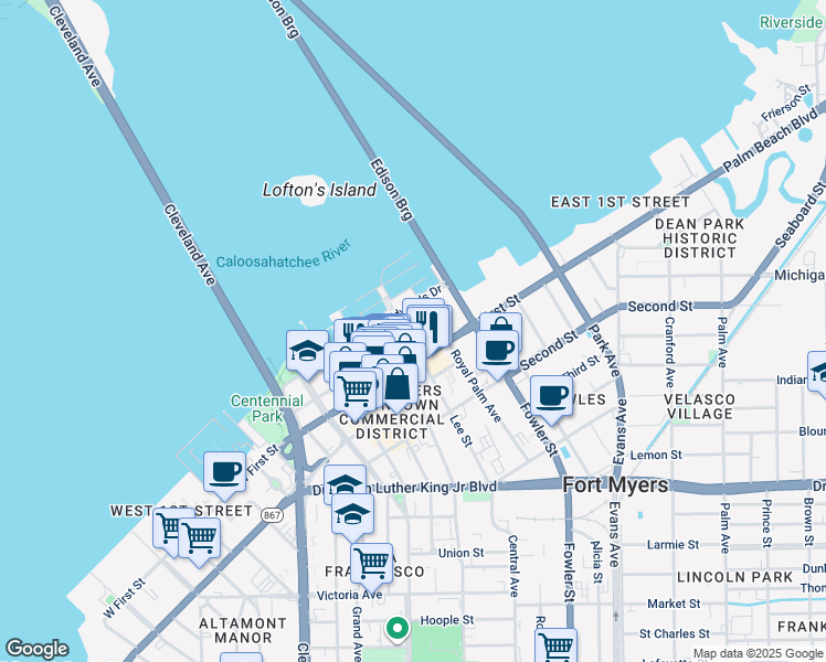 map of restaurants, bars, coffee shops, grocery stores, and more near 1375 Jackson Street in Fort Myers