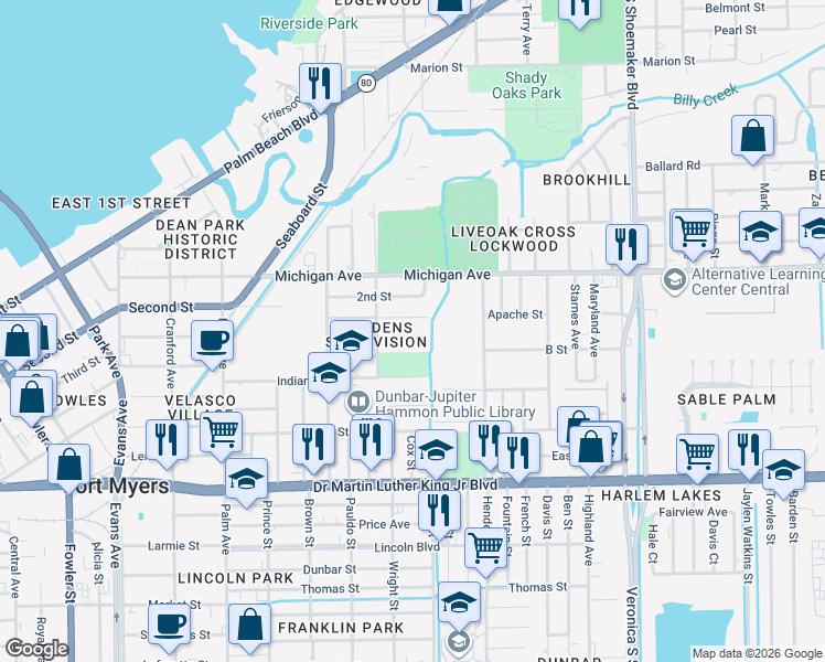 map of restaurants, bars, coffee shops, grocery stores, and more near 3151 Guava Street in Fort Myers