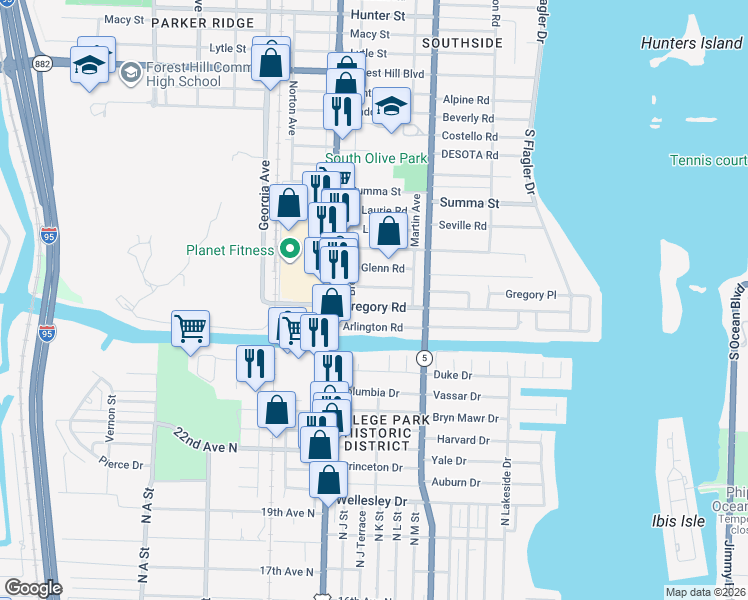 map of restaurants, bars, coffee shops, grocery stores, and more near 362 Gregory Road in West Palm Beach