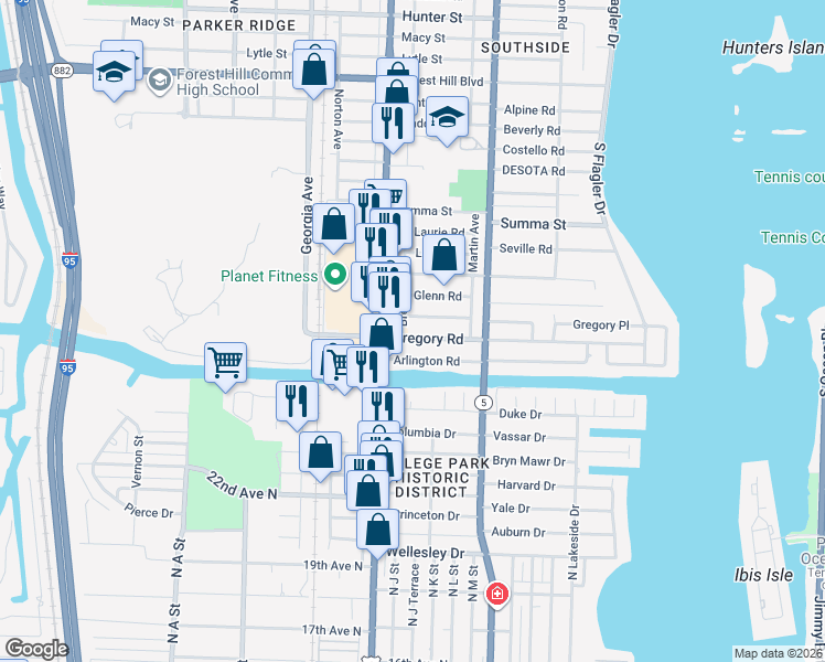 map of restaurants, bars, coffee shops, grocery stores, and more near 362 Gregory Road in West Palm Beach