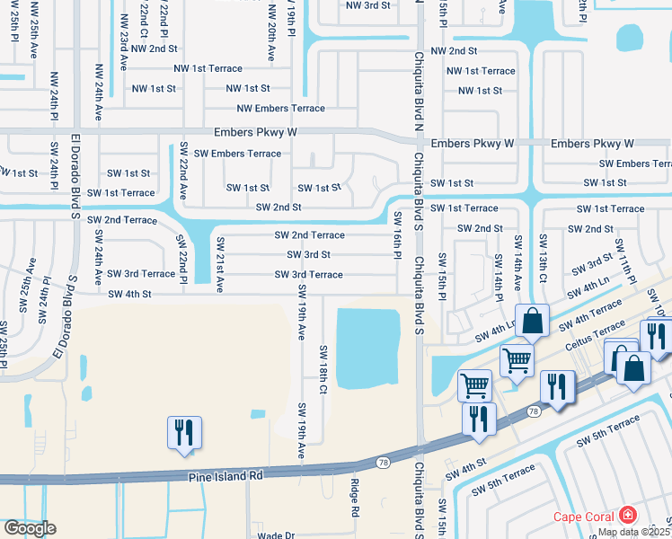 map of restaurants, bars, coffee shops, grocery stores, and more near 1731 Southwest 3rd Terrace in Cape Coral