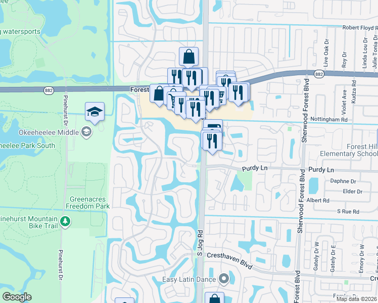 map of restaurants, bars, coffee shops, grocery stores, and more near 1089 Island Manor Drive in Greenacres