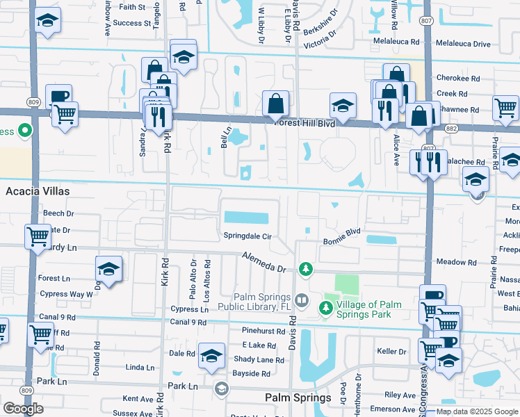 map of restaurants, bars, coffee shops, grocery stores, and more near 243 Springdale Circle in Palm Springs
