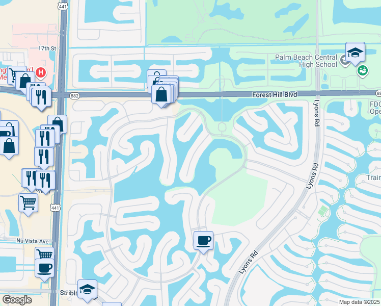 map of restaurants, bars, coffee shops, grocery stores, and more near 2321 Merriweather Way in Wellington